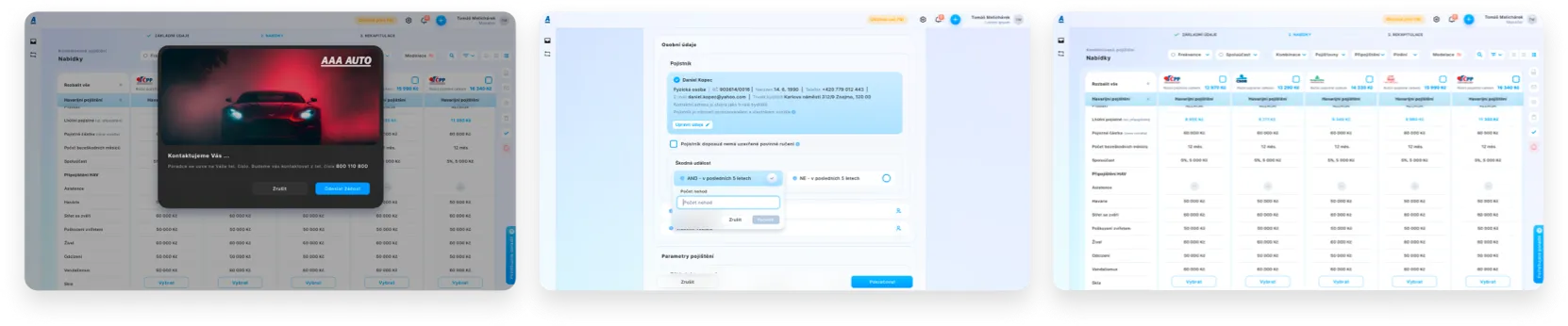 Obrazovky srovnávače pojištění v aplikaci pro AAA Auto