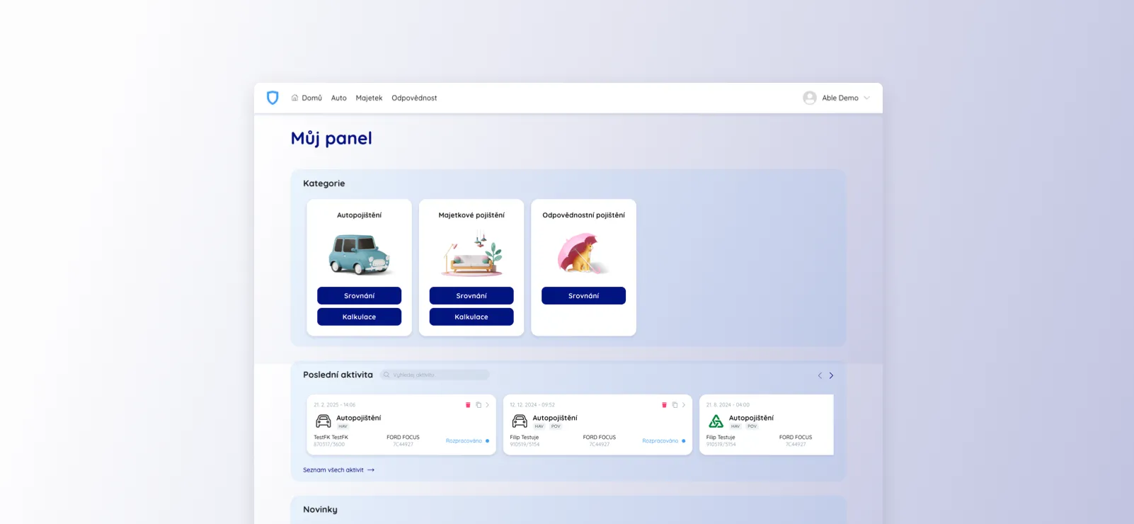 Přehled „Můj panel“ ve srovnávači EUCS