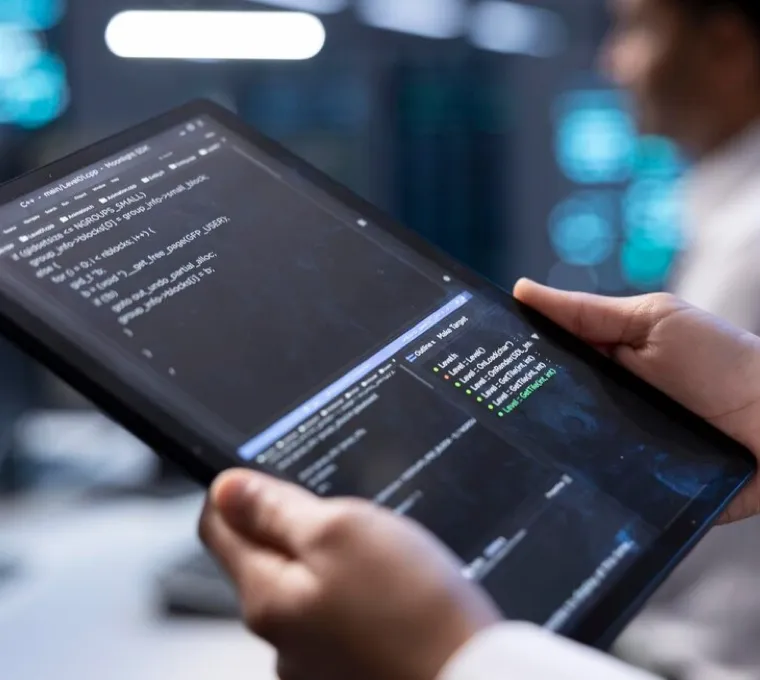 Vývojář drží tablet se zdrojovým kódem